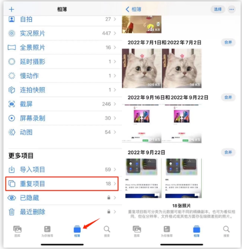 岳阳楼苹果手机维修分享iOS 16 中相册重复项目功能使用方法 