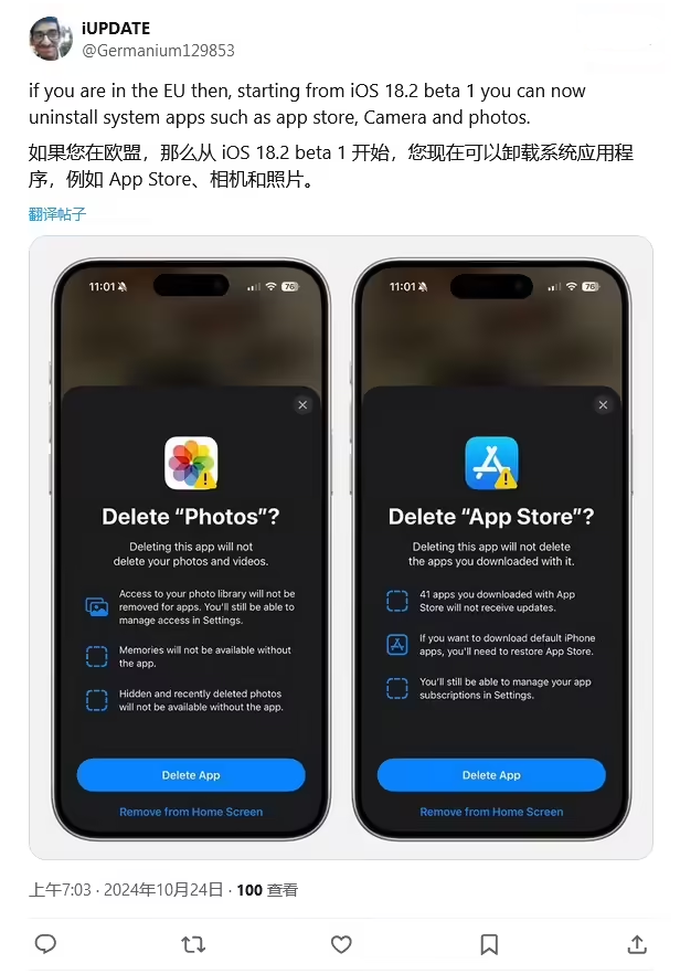 岳阳楼苹果手机维修分享iOS 18.2 支持删除 App Store 应用商店 